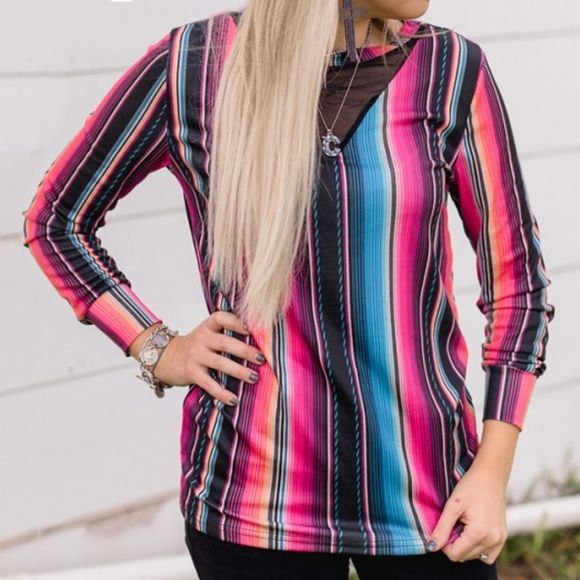 Crazy Train FLASHY FLARE TOP Serape Mesh Long Sleeves Light Weight Tee - Picture 2 of 3